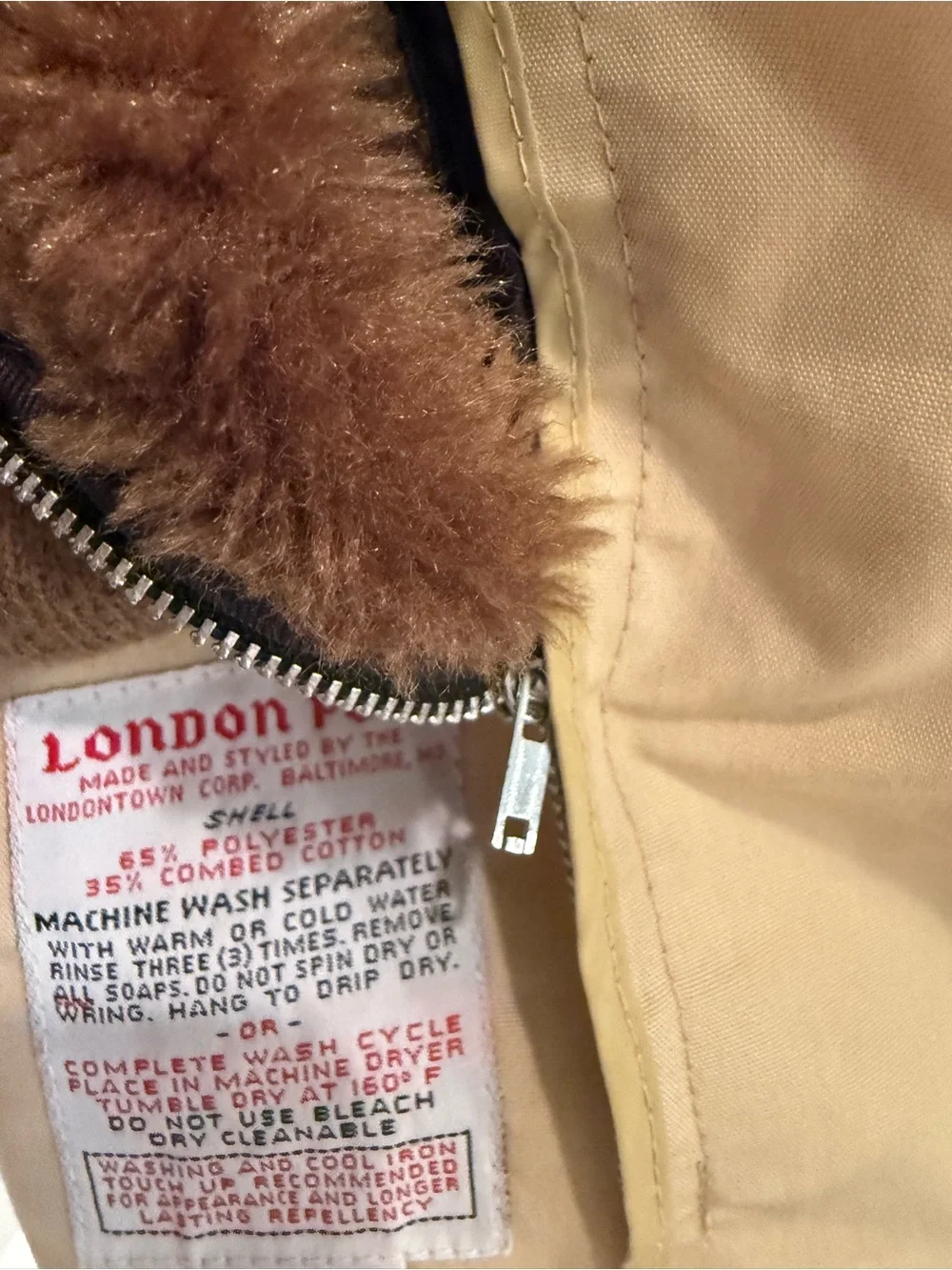 Vintage London Fog 44 Long Tan Zip Jacket Removable Faux Fur Liner USA Classic